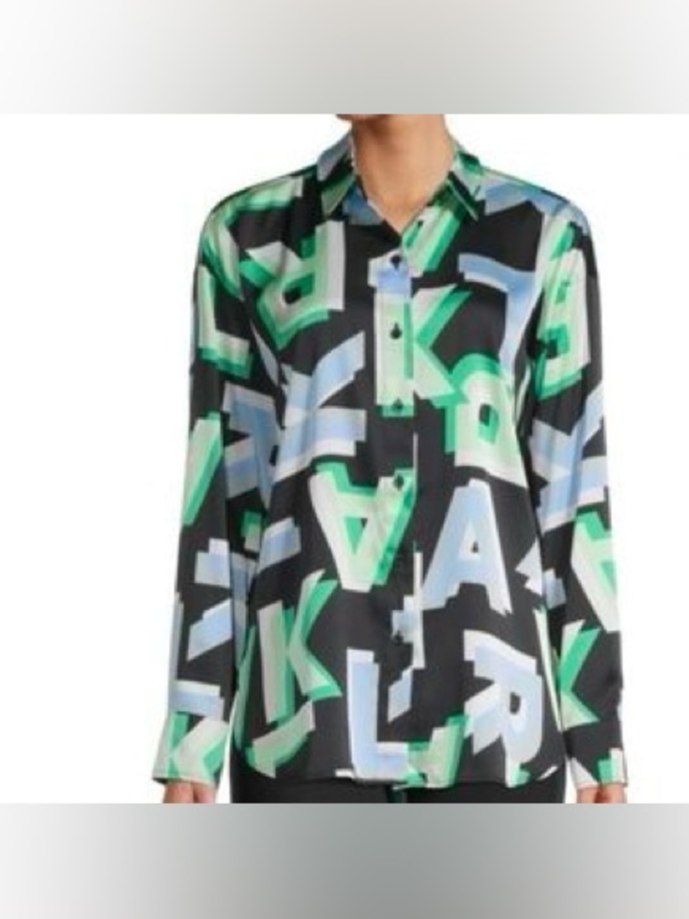 KARL LAGERFELD PARIS Lightweight Polyester Block Letter Print Button Down Blouse